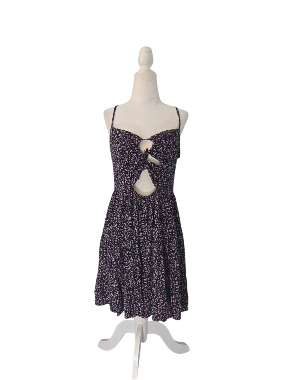 Aeropostale Woman Sundress Black Pink Floral L Tie Front Casual Festival Cottage